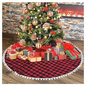 Christmas Tree Skirt 44 Inch Red and Black Checkered Plaid Tree Skirt Holiday